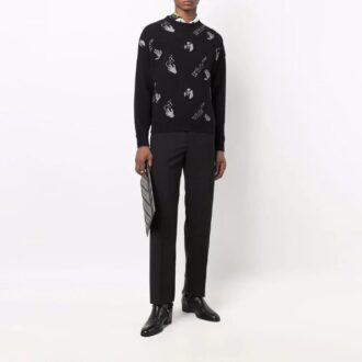 Pulover din lână pentru bărbați Off-White FW21 cu guler rotund, tricotat intarsiat, cu logo, croială lejeră, negru