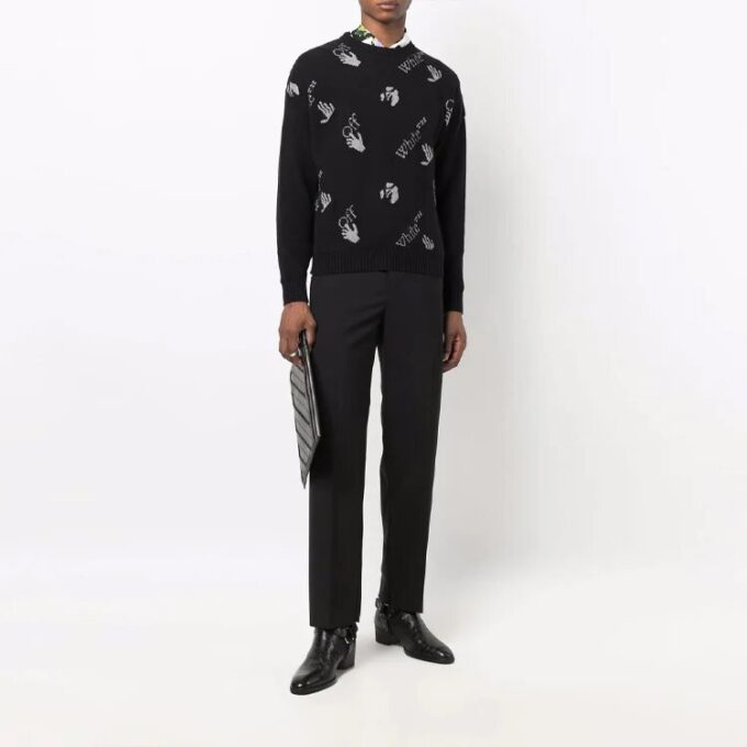 Pulover din lână pentru bărbați Off-White FW21 cu guler rotund, tricotat intarsiat, cu logo, croială lejeră, negru