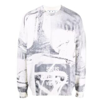 Pulover din lână pentru bărbați Off-White FW21 cu imprimeu abstract, guler rotund, croială lejeră, alb