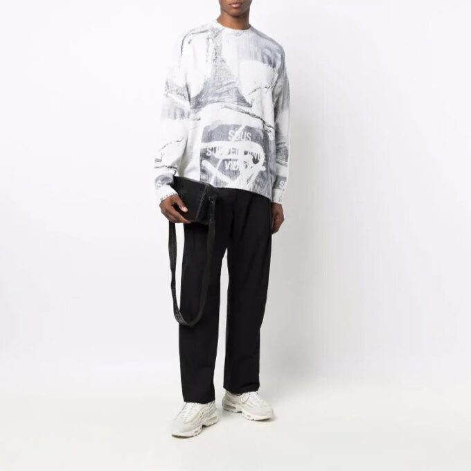 Pulover din lână pentru bărbați Off-White FW21 cu imprimeu abstract, guler rotund, croială lejeră, alb