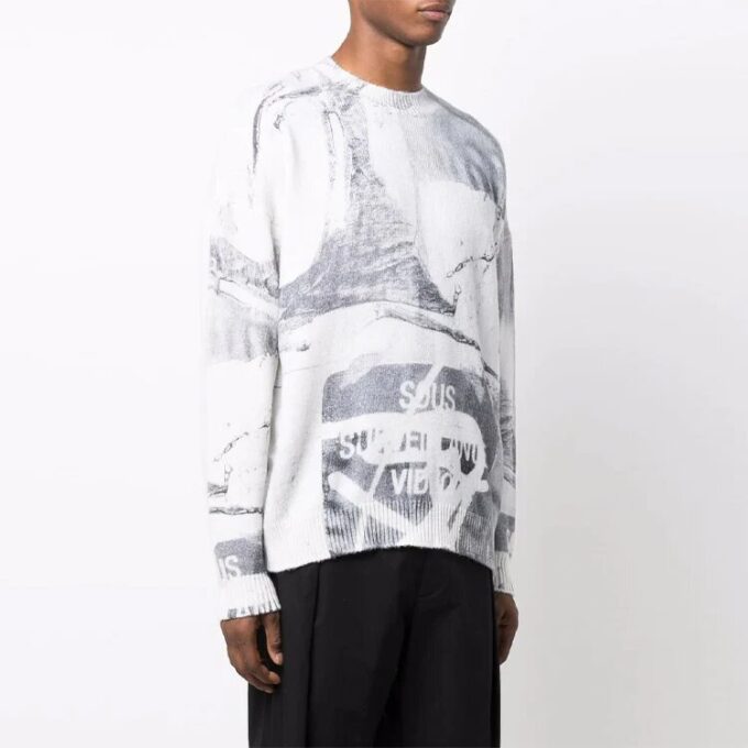 Pulover din lână pentru bărbați Off-White FW21 cu imprimeu abstract, guler rotund, croială lejeră, alb