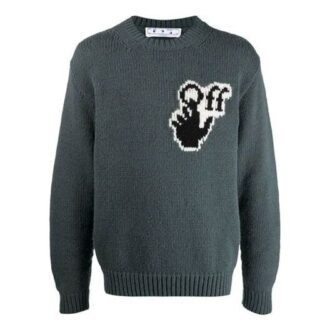 Pulover din lână pentru bărbați Off-White FW21, cu logo intarsiat pe piept, guler rotund, mâneci lungi, croială lejeră, verde Pulover din lână pentru bărbați Off-White FW21, cu logo intarsiat pe piept, guler rotund, mâneci lungi, croială lejeră, verde