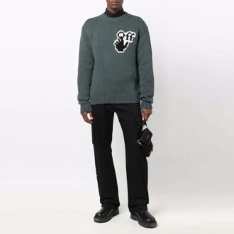 Pulover din lână pentru bărbați Off-White FW21, cu logo intarsiat pe piept, guler rotund, mâneci lungi, croială lejeră, verde Pulover din lână pentru bărbați Off-White FW21, cu logo intarsiat pe piept, guler rotund, mâneci lungi, croială lejeră, verde