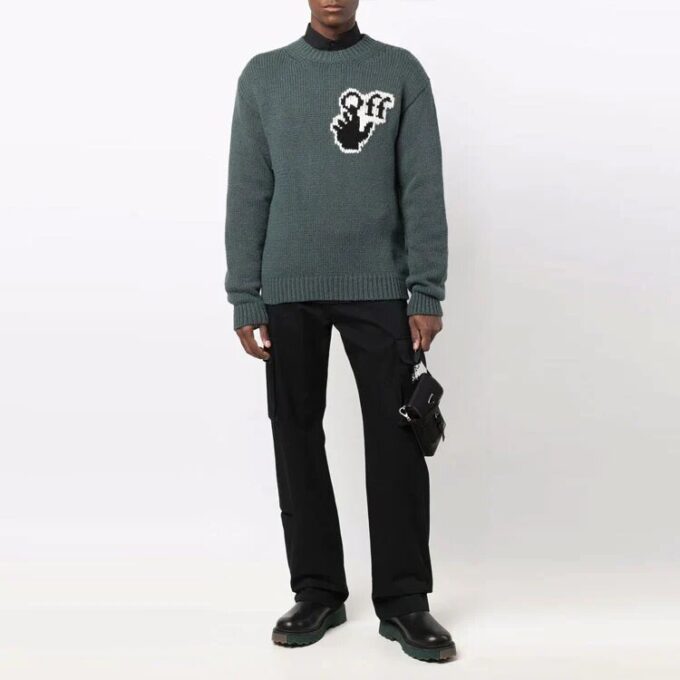 Pulover din lână pentru bărbați Off-White FW21, cu logo intarsiat pe piept, guler rotund, mâneci lungi, croială lejeră, verde
