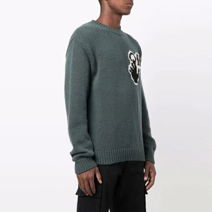 Pulover din lână pentru bărbați Off-White FW21, cu logo intarsiat pe piept, guler rotund, mâneci lungi, croială lejeră, verde