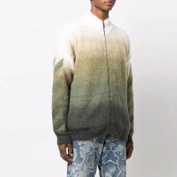 Pulover din lână pentru bărbați Off-White FW21 cu model de săgeți și fermoar, croială largă, verde