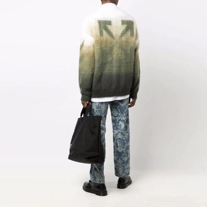 Pulover din lână pentru bărbați Off-White FW21 cu model de săgeți și fermoar, croială largă, verde