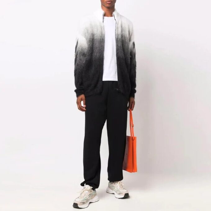 Pulover din lână pentru bărbați Off-White FW21 cu model de săgeți, jacquard, gradient și fermoar, croială largă, negru
