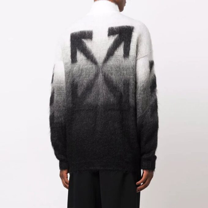 Pulover din lână pentru bărbați Off-White FW21 cu model de săgeți, jacquard, gradient și fermoar, croială largă, negru