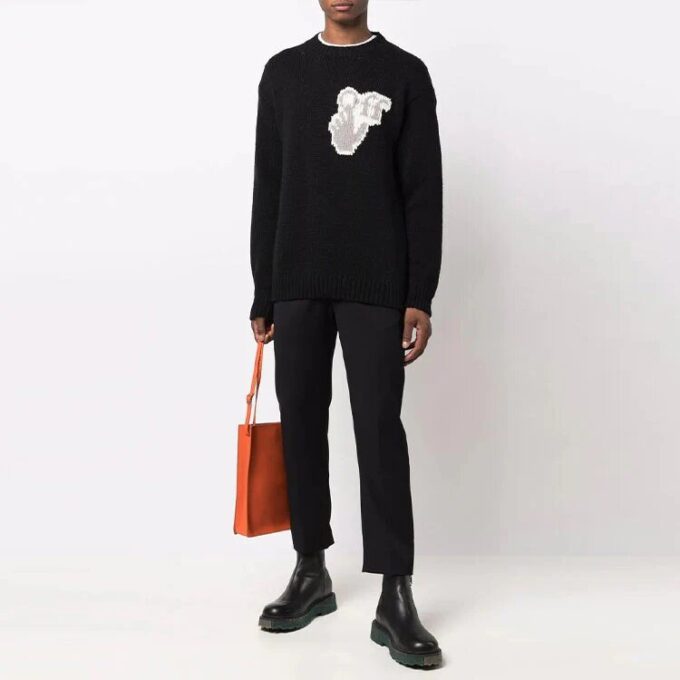 Pulover din lână pentru bărbați Off-White FW21 Hands Off Logo Alphabet cu guler rotund, croială lejeră, negru