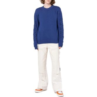 Pulover din lână pentru bărbați Off-White FW22 cu guler rotund, mâneci lungi și model geometric intarsiat, albastru Pulover din lână pentru bărbați Off-White FW22 cu guler rotund, mâneci lungi și model geometric intarsiat, albastru