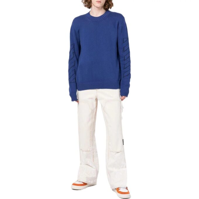 Pulover din lână pentru bărbați Off-White FW22 cu guler rotund, mâneci lungi și model geometric intarsiat, albastru