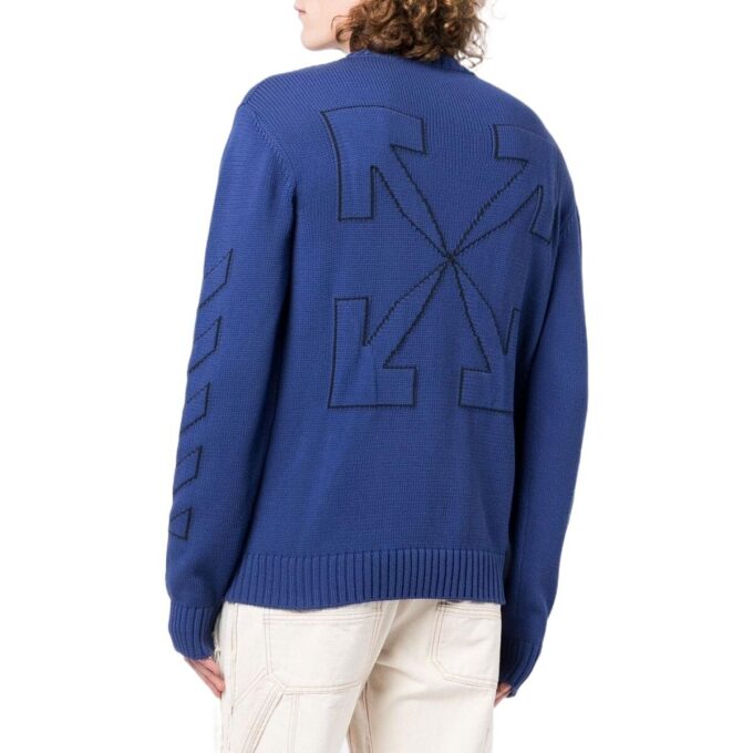 Pulover din lână pentru bărbați Off-White FW22 cu guler rotund, mâneci lungi și model geometric intarsiat, albastru