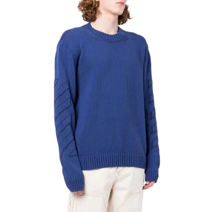 Pulover din lână pentru bărbați Off-White FW22 cu guler rotund, mâneci lungi și model geometric intarsiat, albastru