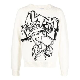 Pulover din lână pentru bărbați Off-White FW22 cu model intarsiat, guler rotund și mâneci lungi, croială lejeră, alb Pulover din lână pentru bărbați Off-White FW22 cu model intarsiat, guler rotund și mâneci lungi, croială lejeră, alb