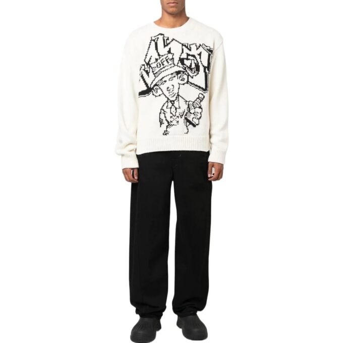 Pulover din lână pentru bărbați Off-White FW22 cu model intarsiat, guler rotund și mâneci lungi, croială lejeră, alb