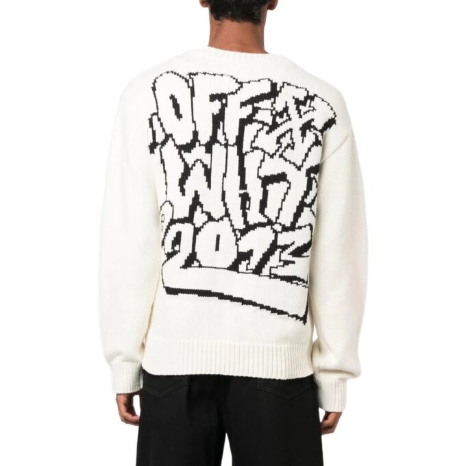 Pulover din lână pentru bărbați Off-White FW22 cu model intarsiat, guler rotund și mâneci lungi, croială lejeră, alb