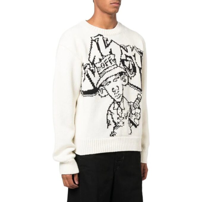 Pulover din lână pentru bărbați Off-White FW22 cu model intarsiat, guler rotund și mâneci lungi, croială lejeră, alb
