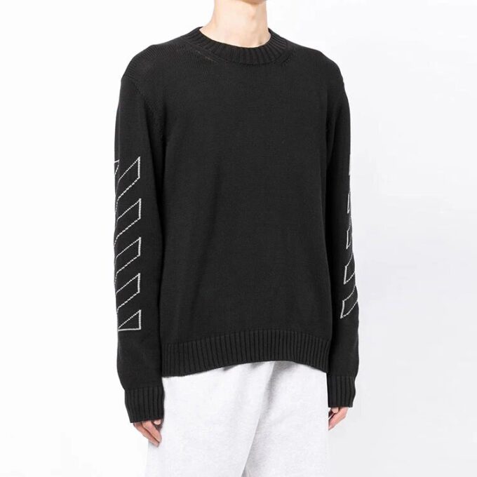 Pulover din lână pentru bărbați Off-White SS22 cu imprimeu Arrows, guler rotund și mâneci lungi, negru