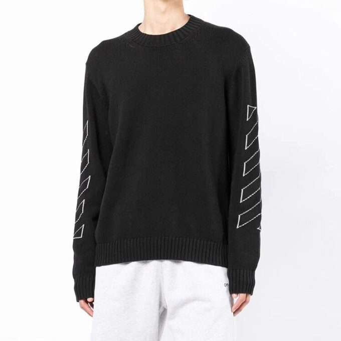 Pulover din lână pentru bărbați Off-White SS22 cu imprimeu Arrows, guler rotund și mâneci lungi, negru