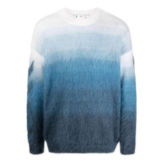 Pulover din lână pentru bărbați Off-White SS22 cu imprimeu cu dungi degradate, guler rotund și mâneci lungi, versiune albastră Pulover din lână pentru bărbați Off-White SS22 cu imprimeu cu dungi degradate, guler rotund și mâneci lungi, versiune albastră