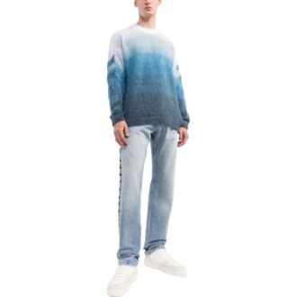 Pulover din lână pentru bărbați Off-White SS22 cu imprimeu cu dungi degradate, guler rotund și mâneci lungi, versiune albastră Pulover din lână pentru bărbați Off-White SS22 cu imprimeu cu dungi degradate, guler rotund și mâneci lungi, versiune albastră