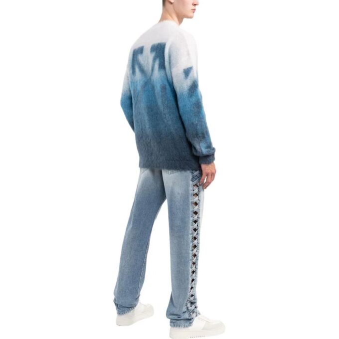 Pulover din lână pentru bărbați Off-White SS22 cu imprimeu cu dungi degradate, guler rotund și mâneci lungi, versiune albastră