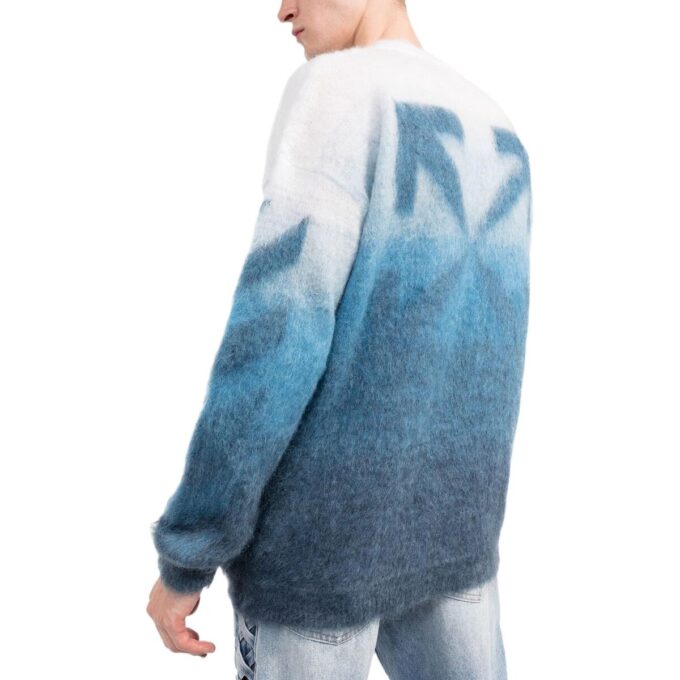 Pulover din lână pentru bărbați Off-White SS22 cu imprimeu cu dungi degradate, guler rotund și mâneci lungi, versiune albastră