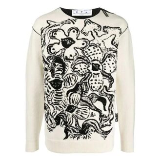 Pulover din lână tricotat cu guler rotund și model jacquard cu flori Off-White pentru bărbați, colecția FW22, versiune albă Pulover din lână tricotat cu guler rotund și model jacquard cu flori Off-White pentru bărbați, colecția FW22, versiune albă