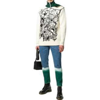 Pulover din lână tricotat cu guler rotund și model jacquard cu flori Off-White pentru bărbați, colecția FW22, versiune albă Pulover din lână tricotat cu guler rotund și model jacquard cu flori Off-White pentru bărbați, colecția FW22, versiune albă