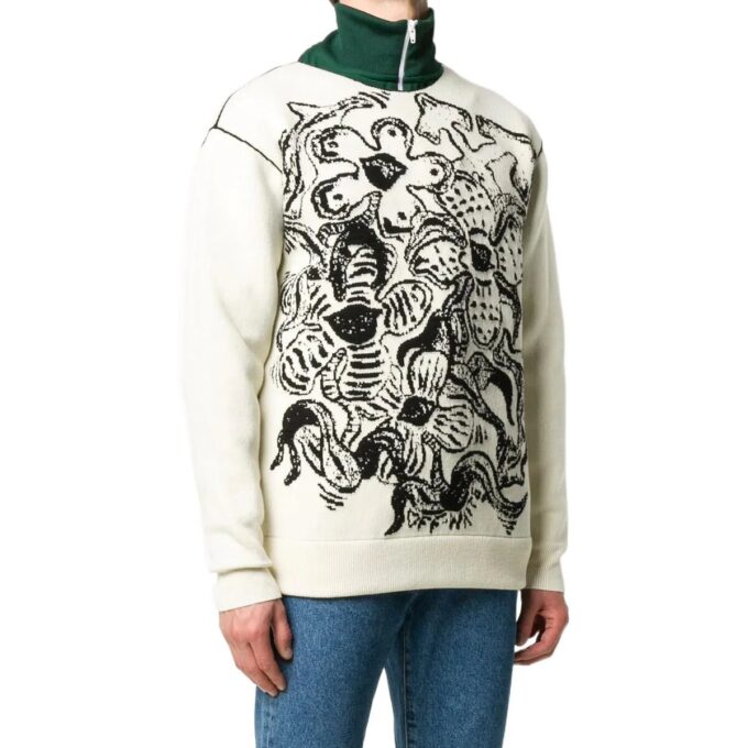 Pulover din lână tricotat cu guler rotund și model jacquard cu flori Off-White pentru bărbați, colecția FW22, versiune albă