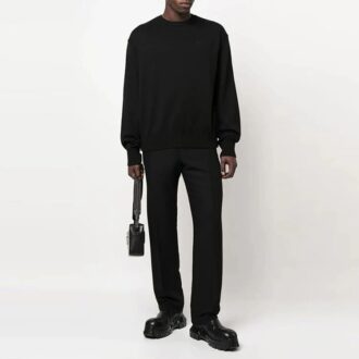Pulover din lână tricotat Off-White pentru bărbați, colecția FW22, culoare solidă, guler rotund, croială lejeră, negru Pulover din lână tricotat Off-White pentru bărbați, colecția FW22, culoare solidă, guler rotund, croială lejeră, negru