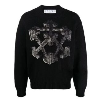 Pulover din lână tricotat Off-White pentru bărbați FW21 cu model 3D cu săgeți, croială largă, negru Pulover din lână tricotat Off-White pentru bărbați FW21 cu model 3D cu săgeți, croială largă, negru