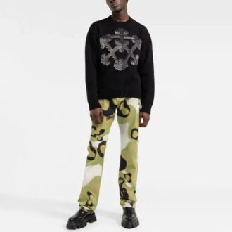 Pulover din lână tricotat Off-White pentru bărbați FW21 cu model 3D cu săgeți, croială largă, negru Pulover din lână tricotat Off-White pentru bărbați FW21 cu model 3D cu săgeți, croială largă, negru