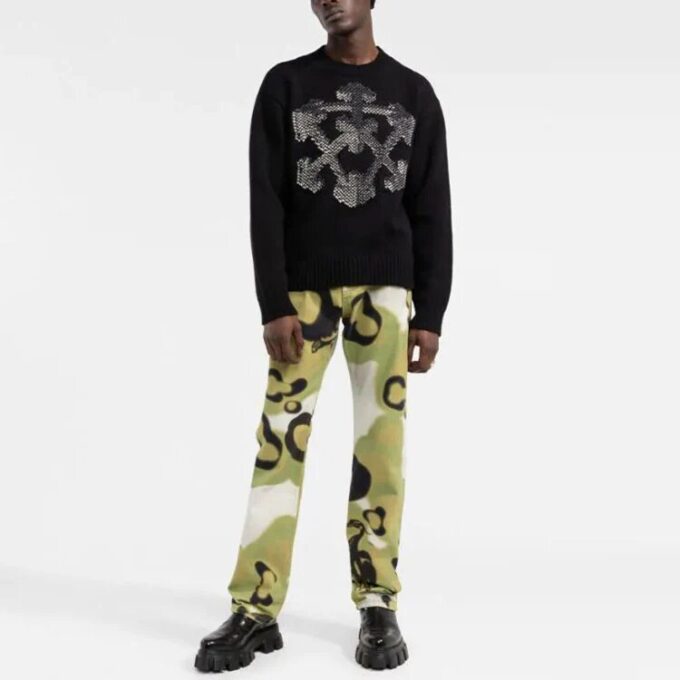 Pulover din lână tricotat Off-White pentru bărbați FW21 cu model 3D cu săgeți, croială largă, negru