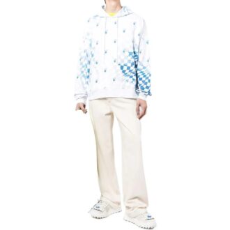 Pulover Off-White pentru bărbați, colecția SS22, cu imprimeu cu logo în formă de grilă, versiune albastru-alb Pulover Off-White pentru bărbați, colecția SS22, cu imprimeu cu logo în formă de grilă, versiune albastru-alb