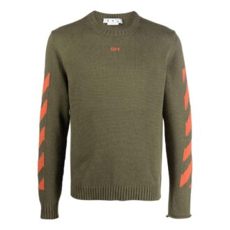 Pulover Off-White pentru bărbați cu guler rotund și imprimeu cu logo, croială slim, verde