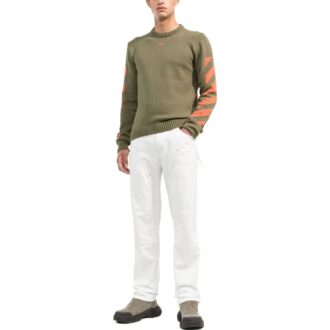 Pulover Off-White pentru bărbați cu guler rotund și imprimeu cu logo, croială slim, verde