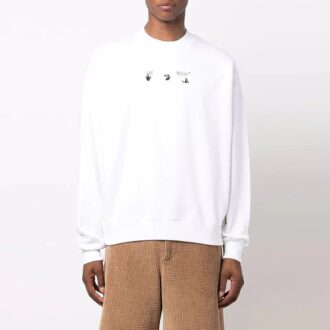 Pulover Off-White pentru bărbați FW21 cu guler rotund și model Arrow, croială largă, alb Pulover Off-White pentru bărbați FW21 cu guler rotund și model Arrow, croială largă, alb