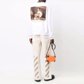 Pulover Off-White pentru bărbați FW21 cu guler rotund, mâneci lungi și imprimeu pictural, alb Pulover Off-White pentru bărbați FW21 cu guler rotund, mâneci lungi și imprimeu pictural, alb