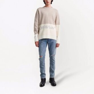 Pulover Off-White pentru bărbați FW21 cu guler rotund, mâneci lungi, model cu logo, blocuri de culoare, din lână, croială lejeră Pulover Off-White pentru bărbați FW21 cu guler rotund, mâneci lungi, model cu logo, blocuri de culoare, din lână, croială lejeră