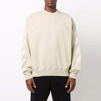 Pulover Off-White pentru bărbați FW21 cu logo, guler rotund, croială lejeră, crem-galben Pulover Off-White pentru bărbați FW21 cu logo, guler rotund, croială lejeră, crem-galben