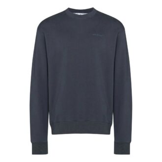Pulover Off-White pentru bărbați FW22 cu imprimeu logo și guler rotund, albastru marin Pulover Off-White pentru bărbați FW22 cu imprimeu logo și guler rotund, albastru marin