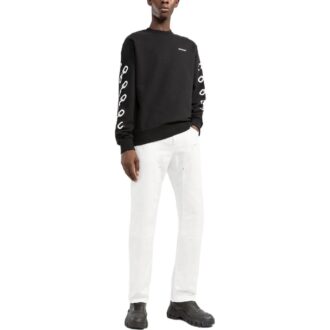 Pulover Off-White pentru bărbați FW22 cu imprimeu logo lanț, guler rotund, croială lejeră, negru Pulover Off-White pentru bărbați FW22 cu imprimeu logo lanț, guler rotund, croială lejeră, negru