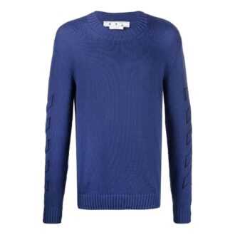 Pulover Off-White pentru bărbați FW22, culoare solidă, cu logo brodat, guler rotund și mâneci lungi, din lână, albastru Pulover Off-White pentru bărbați FW22, culoare solidă, cu logo brodat, guler rotund și mâneci lungi, din lână, albastru