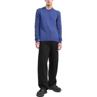 Pulover Off-White pentru bărbați FW22, culoare solidă, cu logo brodat, guler rotund și mâneci lungi, din lână, albastru Pulover Off-White pentru bărbați FW22, culoare solidă, cu logo brodat, guler rotund și mâneci lungi, din lână, albastru