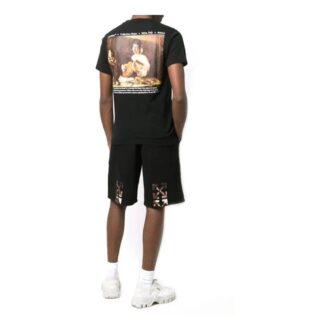Pulover Off-White pentru bărbați SS22 Caravaggio cu imprimeu alfabet, guler rotund și mâneci scurte, versiune standard, negru Pulover Off-White pentru bărbați SS22 Caravaggio cu imprimeu alfabet, guler rotund și mâneci scurte, versiune standard, negru