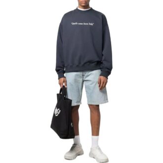 Pulover Off-White pentru bărbați SS22, culoare solidă, cu imprimeu alfabet, guler rotund și mâneci lungi, versiune albastră Pulover Off-White pentru bărbați SS22, culoare solidă, cu imprimeu alfabet, guler rotund și mâneci lungi, versiune albastră