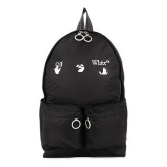 Rucsac cu imprimeu logo, fermoar și buzunare multiple, negru