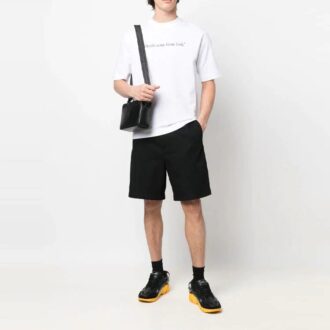 SS22 Culoare solidă cu imprimeu logo, guler rotund, mânecă scurtă, croială slim fit, alb